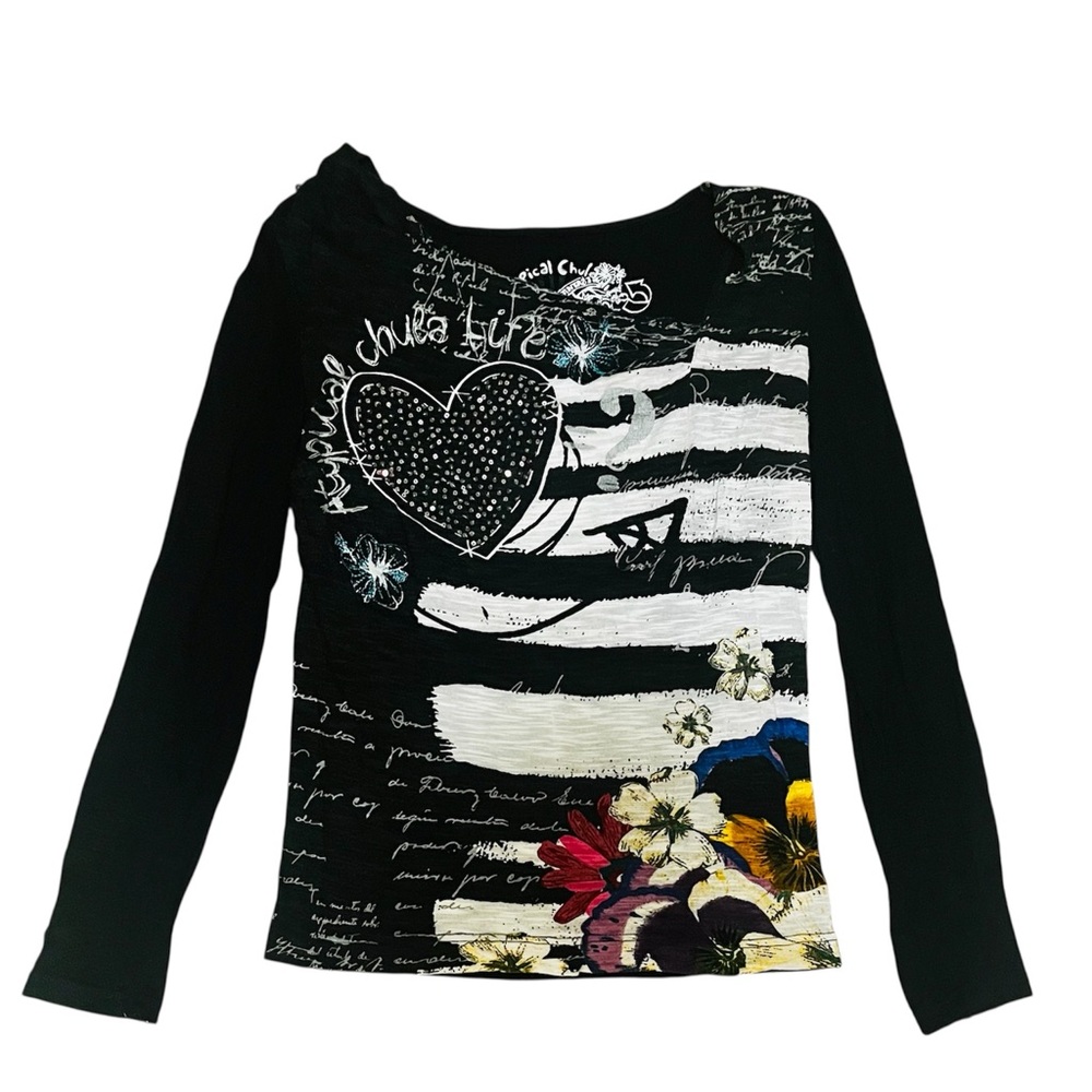 Desigual Floral Lightweight Punk Boho Black and White Top Size XS